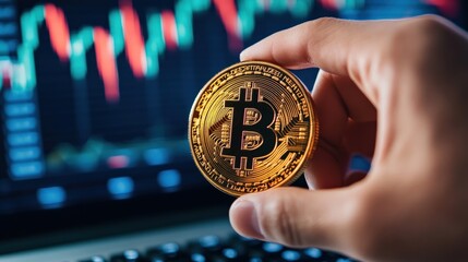 A person is holding a bitcoin. The coin is displayed on a computer screen, which is also showing a graph