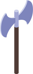 3d rendering of a double headed axe standing upright, in an isometric view