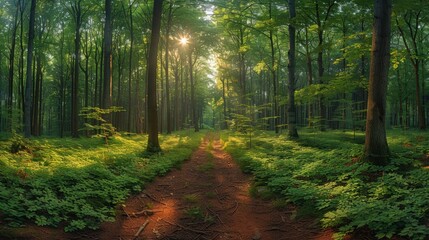 Obraz premium A sunlit path through a lush green forest with tall trees and a bright sky above.