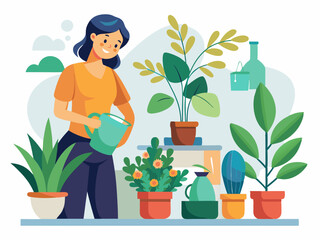 Girls takes care houseplants. Young woman watering interior indoor green plants in pot. Lady growing home potted flowers in pots. Vector set
