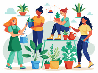 Girls takes care houseplants. Young woman watering interior indoor green plants in pot. Lady growing home potted flowers in pots. Vector set

