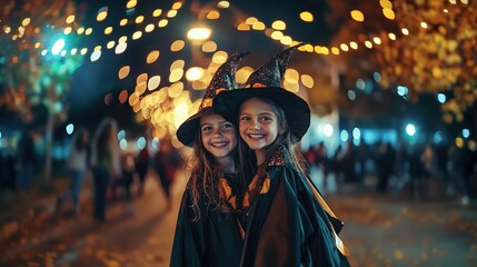 two cute girls dressed as witches at halloween party