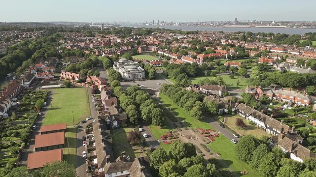 Aerial view of residential houses in model English village of Port Sunlight, Wirral, England