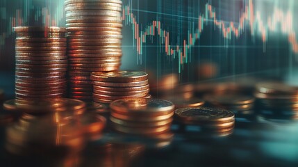 A double exposure of graphs and rows of coins illustrating financial and business concepts