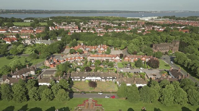 Aerial view of residential houses in English village of Port Sunlight, Wirral, England