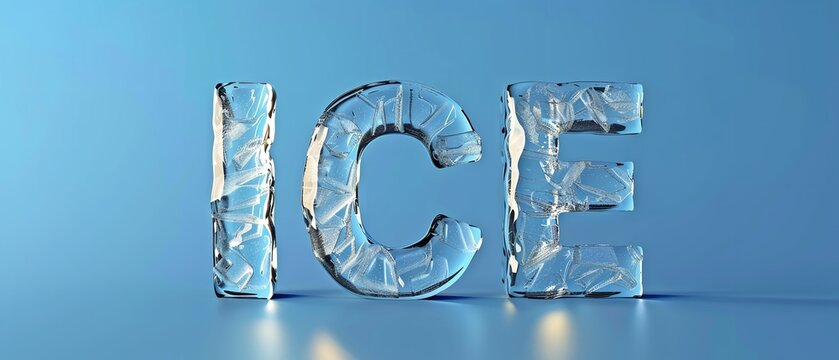 The "ICE" word from melting ice letters makes a fascinating header for the climate and global warming concepts, complete with copy space. 3D Rendering: Illustration, Generative AI.