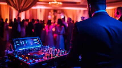 A DJ creates an energizing atmosphere at a wedding reception, with guests dancing under colorful lights and elegant decor.