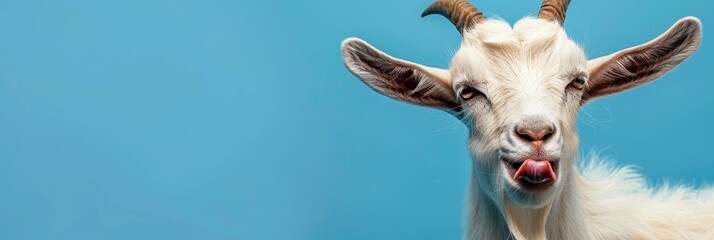 A white goat with a playful expression, sticking its tongue out, against a bright blue background. This image symbolizes silliness, curiosity, and a lighthearted spirit.