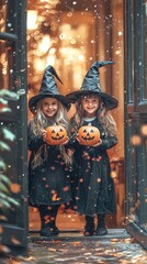 two cute girls in witch costume with halloween pumpkin, halloween holiday