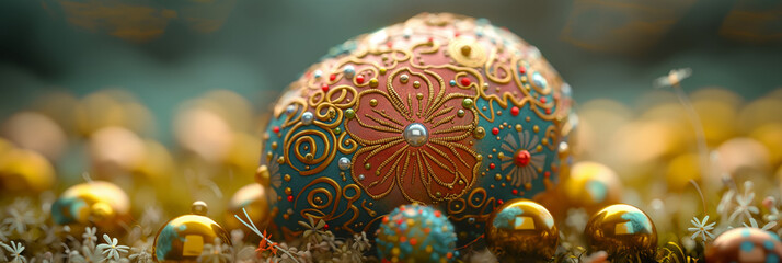 Fototapeta premium Intricately Decorated Easter Egg Surrounded by Golden Ornaments in a Spring Setting