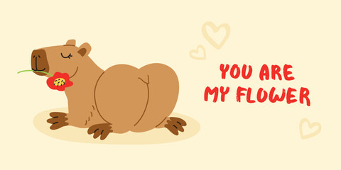 Cute capybara vector illustration banner Funny capibara, adorable exotic animal relaxing standing and sitting South America mammal print or poster. Cartoon flat isolated vector template