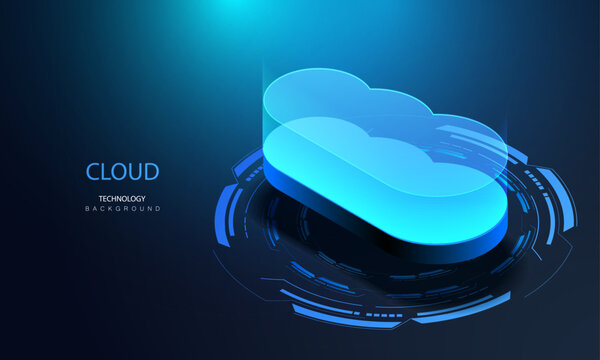 Cloud storage data transmission in isometric background. Downloading cloud application. Network secure technologies. Futuristic service center. Digital space. Data computing system. Vector.