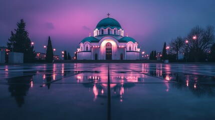 Obraz premium A white church with a green dome sits in the middle of a square with its reflection in a wet, tiled surface. The sky is a pink and purple gradient.