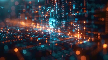 Obraz premium Cybersecurity in Business: featuring a secure lock, binary code, and shield, symbolizing the importance of cybersecurity in protecting business data and ensuring privacy in the digital age.