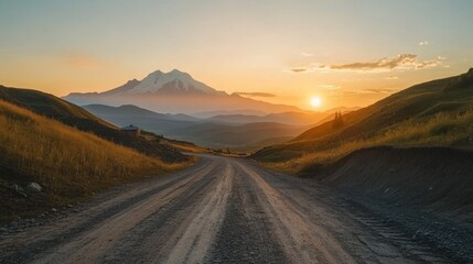 A winding dirt road leads through a mountain valley towards a snowy peak, with the sun setting behind a cloud in the distance.
