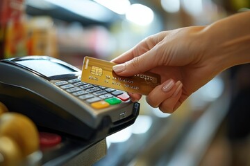 Modern electronic payment: Contactless transaction with a credit card at checkout, Generative AI