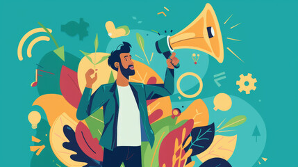 Obraz premium A man with a determined expression uses a megaphone to announce his message, surrounded by vibrant colors and symbolic imagery of growth and success.