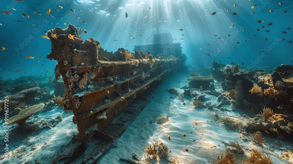 Sticker Sunbeams Illuminate Underwater Shipwreck