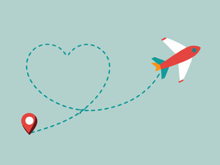 Love airplane route. Plane with heart shape dashed track, romantic wedding trip map decoration. Romance journey vector concept with flying aircraft
