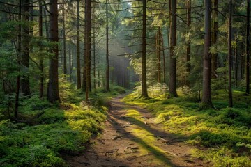 Fototapeta premium Sunlight Filtering Through Trees In Forest.