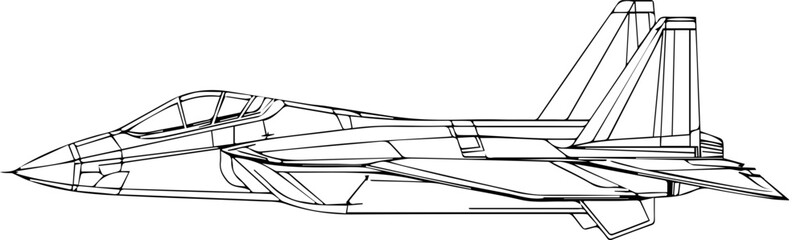 A black and white drawing of a fighter jet