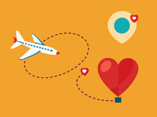 Love airplane route. Plane with heart shape dashed track, romantic wedding trip map decoration. Romance journey vector concept with flying aircraft
