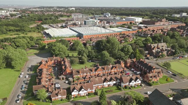 Aerial view of factory in English village of Port Sunlight, Wirral, England