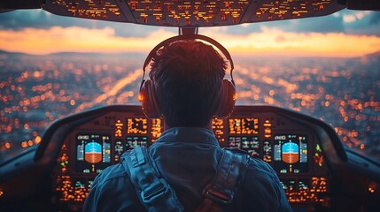 Pilot in cockpit looking at city lights during sunset.