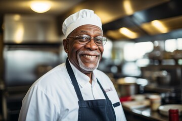 Fototapeta premium Smiling portrait of a senior chef working in kitchen