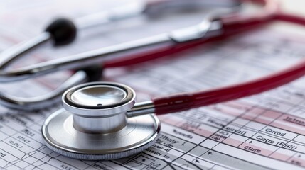 A close-up of a stethoscope lying on a medical chart, symbolizing healthcare, diagnosis, medical records, patient care, and health monitoring.
