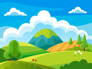 Cartoon landscape with white clouds on sky. Background with cloud and beautiful field, summer green country hill, meadow scene, spring nature land. Vector illustration

