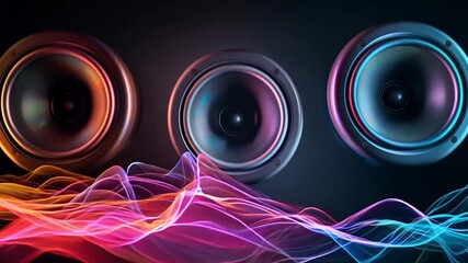 Three speakers emit colorful sound waves, creating a visual representation of energetic music in a dark environment