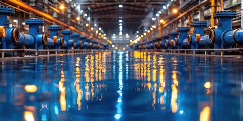 Industrial pipes and machinery reflect in the water of a large intake structure