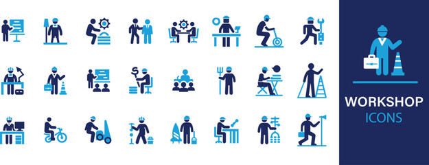 Workshop icon set. Containing team building, collaboration, teamwork, coaching, problem-solving, solid, productivity and education icons