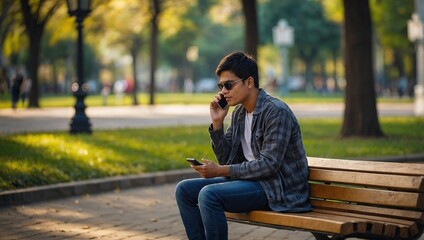 Obraz premium Young blind man with smartphone sitting on bench in park in city, calling