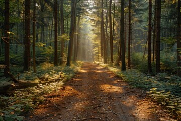 Obraz premium Sunlight Filtering Through Trees In Forest.