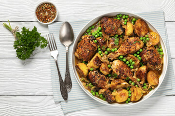 Chicken Vesuvio in a baking dish, top view