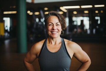 Fototapeta premium Smiling portrait of a slightly overweight middle aged woman in gym