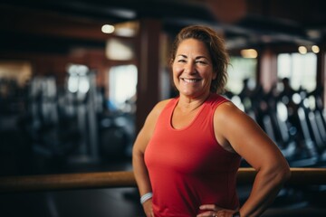 Fototapeta premium Smiling portrait of a slightly overweight middle aged woman in gym