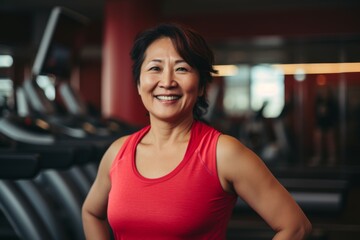 Fototapeta premium Smiling portrait of a slightly overweight middle aged woman in gym