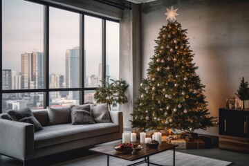 Christmas tree in nordic style interior apartment