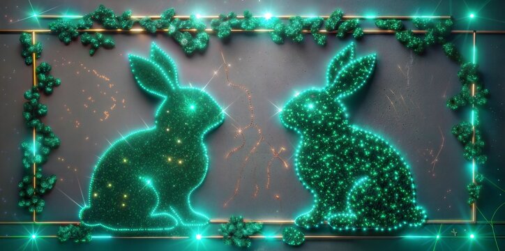 Glowing rabbit silhouettes, mystical scene, nighttime events or moon-inspired product lines