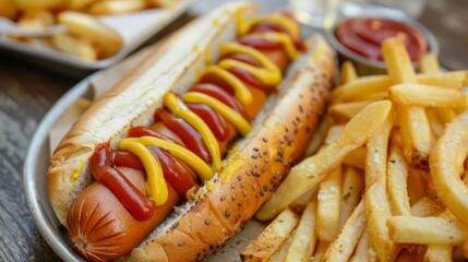 A hot dog with mustard and ketchup, served with french fries. This photo symbolizes classic American food, fast food, lunch, dinner, and casual dining.