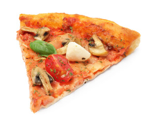 Piece of tasty pizza with basil, mushrooms, mozzarella and tomato isolated on white