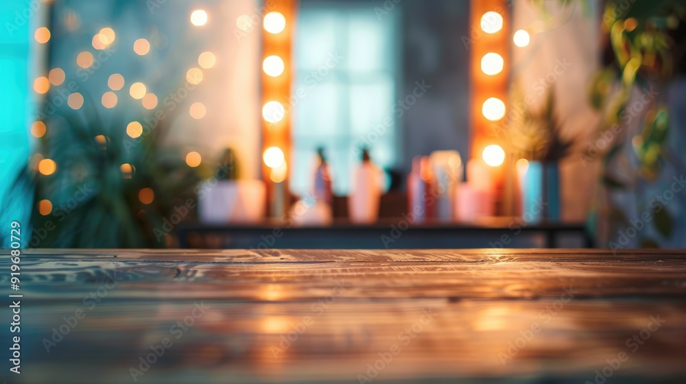 Wall mural blurred dressing room mirror on wooden table top