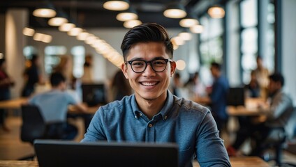 Obraz premium Young entrepreneur working happily in a busy coworking space