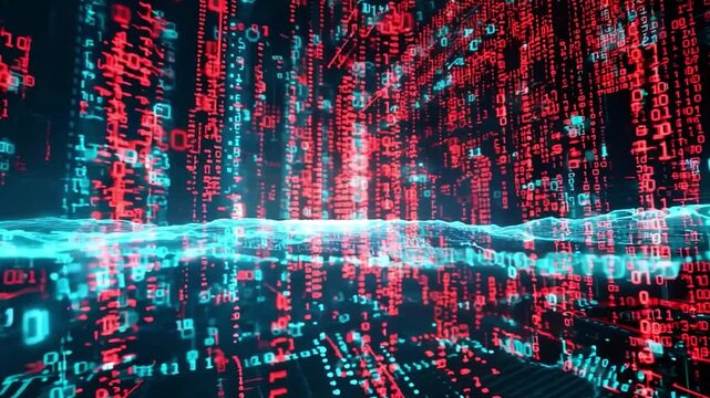 Binary numbers cascade in vibrant red and blue, creating a dynamic digital landscape with a bright line slicing through the center