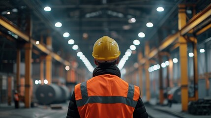 A lone worker in a safety vest and hard hat walks down a factory aisle, symbolizing hard work, industrial production, safety, and the manufacturing process.