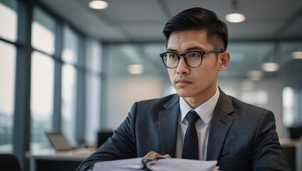 Young male manager in eyeglasses auditing financial report on desk at his workplace in modern office