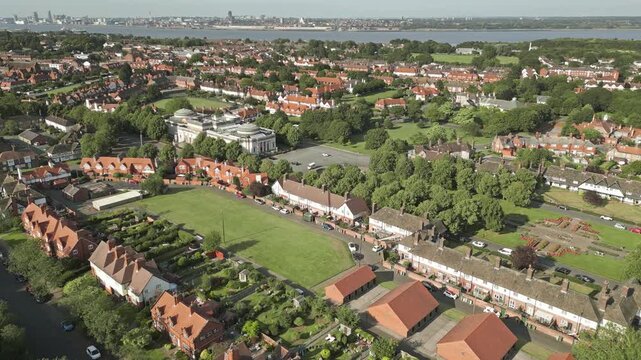 Aerial view of residential houses in model English village of Port Sunlight, Wirral, England